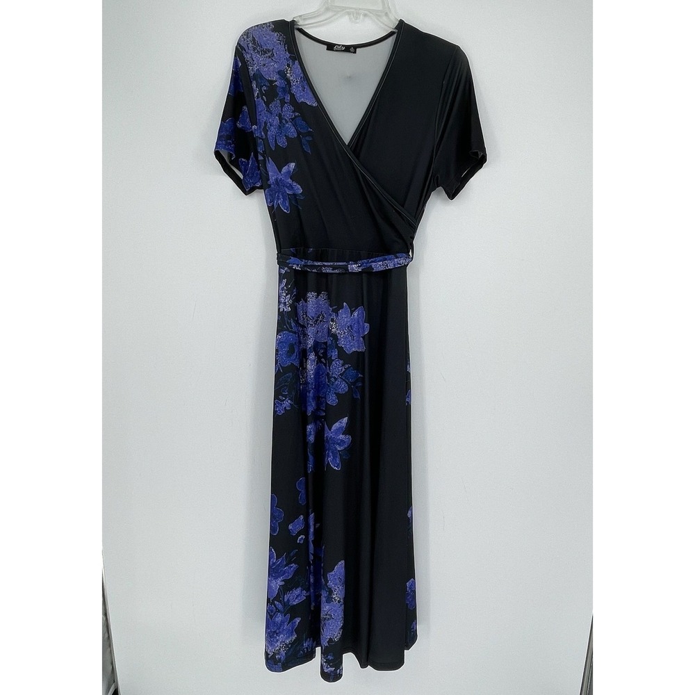 Lily by Firmiana Women's Black Purple Floral Faux Wrap Maxi Dress Size Medium